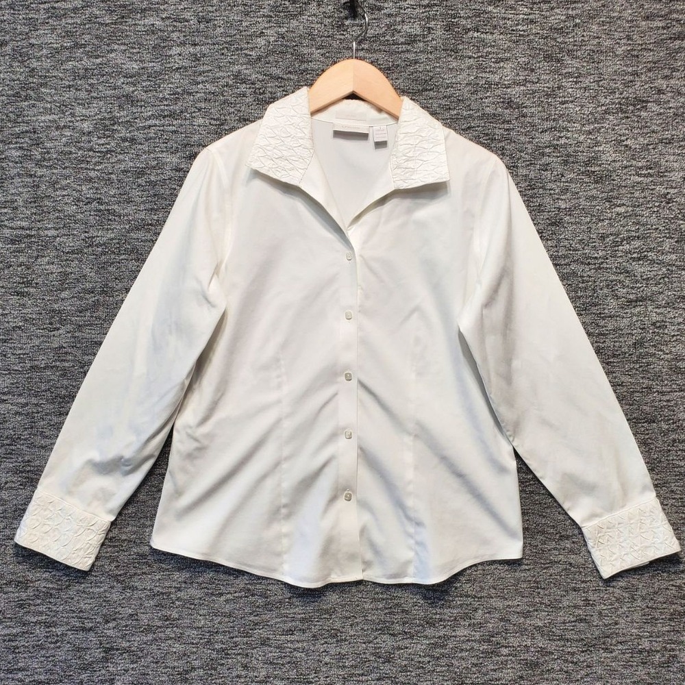 Chicos No Iron Button‎ Up Shirt Womens Medium White Crinkle Collar Travel Luxe